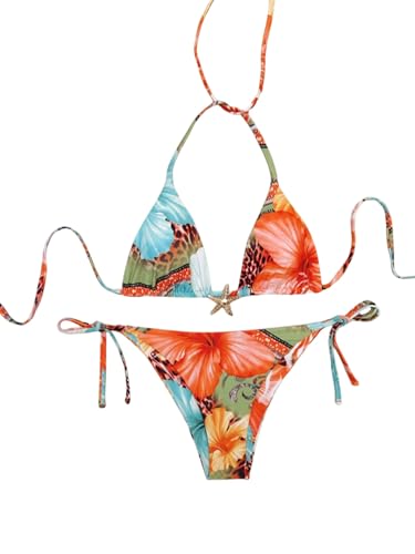 GORGLITTER Damen Bikini-Set Leoprint Blumenmuster Neckholder Bikini mit Tanga Sets Boho Swimsuits Zweiteiler Bikinis Urlaub Strandanzug Bademode Orange S von GORGLITTER