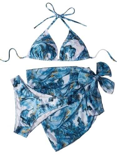 GORGLITTER Bikini Damen Set 3 Teilig Bademode Triangle Badeanzug mit Strandrock Couver Up Rock Neckholder Strandmode Boho Swimsuits Blau L von GORGLITTER