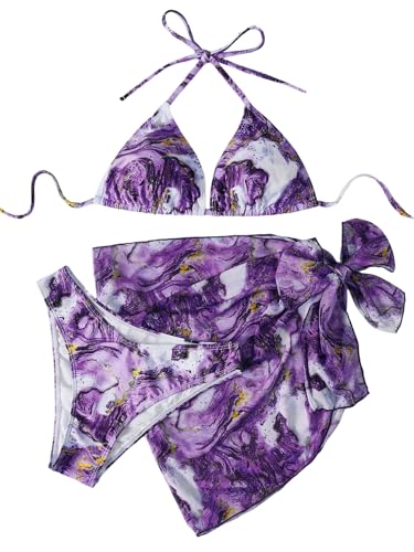 GORGLITTER Bikini Damen Set 3 Teilig Bademode Triangle Badeanzug mit Strandrock Couver Up Rock Neckholder Strandmode Boho Swimsuits Violett XS GORGLITTER Bikini Damen Set 3 Teilig Bademode Triangle Badeanzug mit Strandrock Couver Up Rock Neckholder Strandmode Boho Swimsuits Violett XS von GORGLITTER