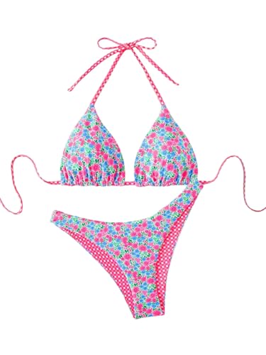GORGLITTER Damen Bikini Set Mit Blumen Neckholder Bikini Set Triangel Bikinis Zweiteiliger Badeanzug Boho Bedruckte Swimsuits Sommer Strandanzug Bademode Rosa L von GORGLITTER