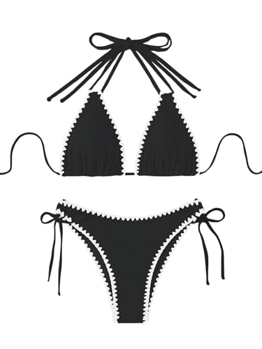 GORGLITTER Damen Bikini Set Muschelförmiger Bikinis mit Trägern Sommer Farbblock Schwimmsuits Triangle Zweiteiliger Bikini-Sets Neckholder Bademode Schwarz L von GORGLITTER