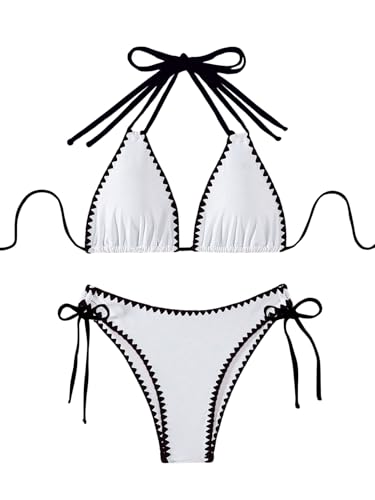 GORGLITTER Damen Bikini Set Muschelförmiger Bikinis mit Trägern Sommer Farbblock Schwimmsuits Triangle Zweiteiliger Bikini-Sets Neckholder Bademode Schwarz und Weiß M von GORGLITTER