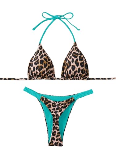 GORGLITTER Damen Bikini-Set Necholder Triangle Bikini Set Leopard Muster Y2K Badeanzug Hohe Taille Tangas Zweiteiler Swimsuits Strand Outfits Bademode Leo Grün M von GORGLITTER
