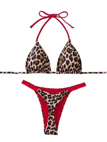 GORGLITTER Damen Bikini-Set Necholder Triangle Bikini Set Leopard Muster Y2K Badeanzug Hohe Taille Tangas Zweiteiler Swimsuits Strand Outfits Bademode Leo Rot L von GORGLITTER
