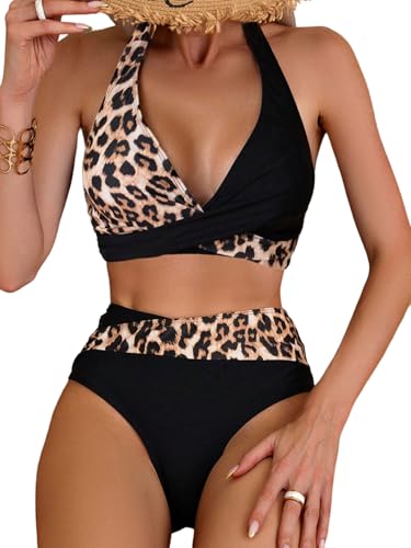 GORGLITTER Damen Bikini Set Neckholder Bikini Set Leoparden Muster Swimsuits Zweiteiliger Badeanzug Hohe Taille Tanga Swimsuit Strandmode Bademode Leo L von GORGLITTER