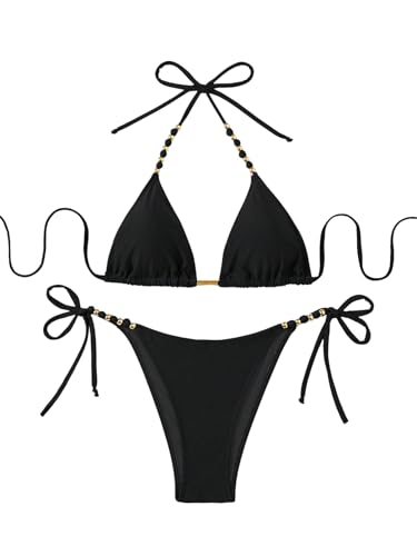 GORGLITTER Damen Bikini-Set Neckholder Bikini Set Triangle Bikinis Hohe Taille Tangas Zweiteilige Badeanzug Brazilian Swimsuits Bademode Schwarz M von GORGLITTER