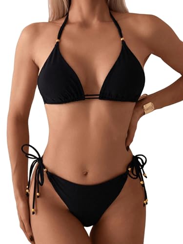 GORGLITTER Damen Bikini Set Neckholder Bikini-Sets Einfarbig Zweiteiliger Swimsuits Strand Lässig Badeanzug Triangle Bikini Bademode Schwarz XL von GORGLITTER