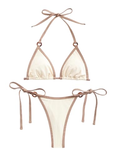GORGLITTER Damen Bikini-Set Neckholder Bikini Sets Zweiteilige Badeanzug Triangle String Bikinis Boho Swimsuits Hohe Taille Bademode Strandoutfit Aprikosenfarben XL von GORGLITTER