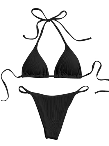 GORGLITTER Damen Bikini-Set Neckholder Bikinis Triangle Bikini Set Zweiteiliger Badeanzug Tanga Bikinihose Sommer Swimsuits Urlaub Strand Outfits Schwarz XL von GORGLITTER