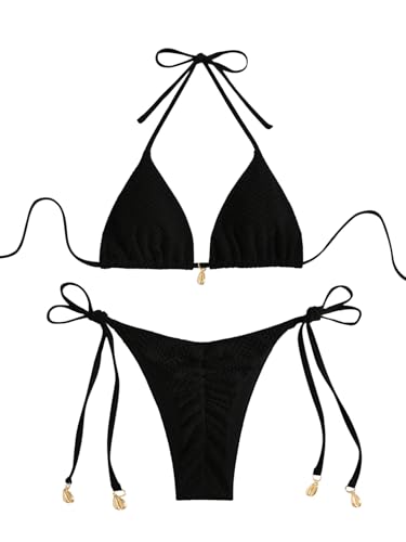 GORGLITTER Damen Bikini Set Neckholder Bikinis Zweiteiler Bikini-Set mit Triangle Bikini-Oberteil und Hohe Taille Bikini-Tanga Elegante Badeanzug Bademode Schwarz XS von GORGLITTER