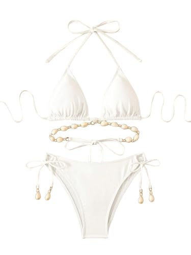 GORGLITTER Damen Bikini Set Neckholder Bikinis mit Binden Einfarbig Zweiteiliger Badeanzug Muschel verzierter Swimsuits Strand Party Bademode Weiß S von GORGLITTER