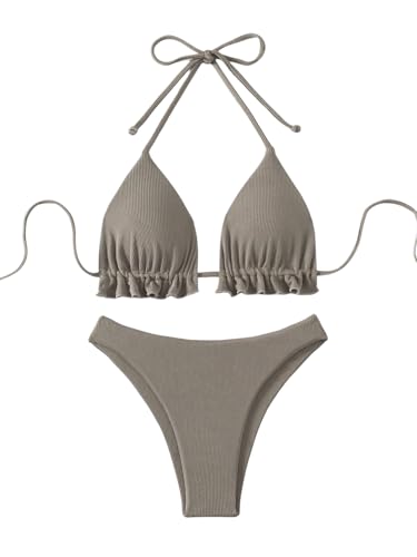 GORGLITTER Damen Bikini-Set Neckholder Bikinis mit Rüschen Triangle Swimsuits Zweiteilige Badeanzug Hohe Taille Strandanzug Strandmode Bademode Khaki L von GORGLITTER