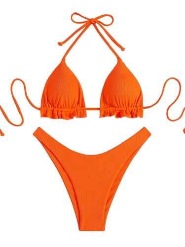 GORGLITTER Damen Bikini-Set Neckholder Bikinis mit Rüschen Triangle Swimsuits Zweiteilige Badeanzug Hohe Taille Strandanzug Strandmode Bademode Orange M von GORGLITTER