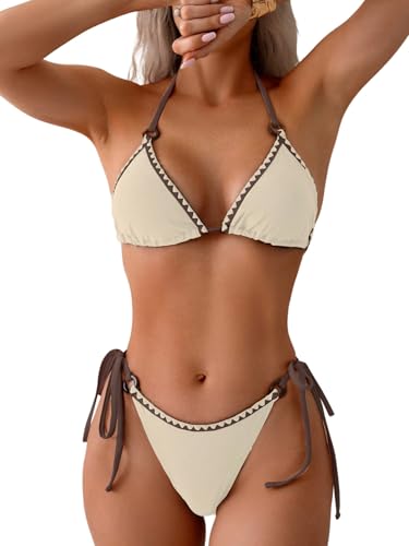 GORGLITTER Damen Bikini-Set Neckholder Swimsuits Triangle Bikini Set Zweiteiliger Badeanzug Boho Farbblock Strandsuit Hohe Taille Tanga Bademode Aprikosenfarben L von GORGLITTER
