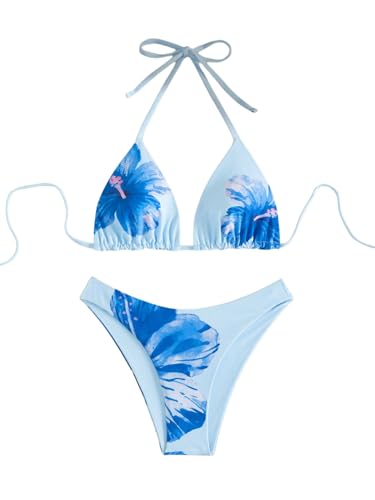 GORGLITTER Damen Bikini Set Neckholder Zweiteilige Badeanzug Blumenmuster Swimsuit Triangle Bademode Rückenfrei Hohe Taille Strandanzug Blau M von GORGLITTER