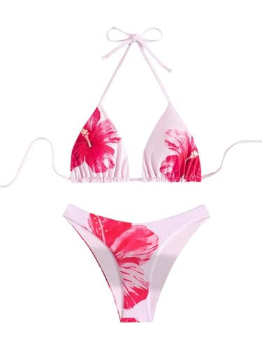 GORGLITTER Damen Bikini Set Neckholder Zweiteilige Badeanzug Blumenmuster Swimsuit Triangle Bademode Rückenfrei Hohe Taille Strandanzug Rosa S von GORGLITTER
