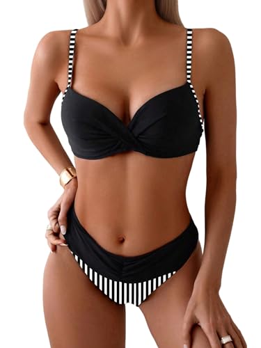 GORGLITTER Damen Bikini-Set Push Up Badeanzug Hohe Taille Bikini Set Gestreift Zweiteiler Badeanzug Spaghettiträger Strandmode Swimsuits Bademode Schwarz und Weiß L von GORGLITTER