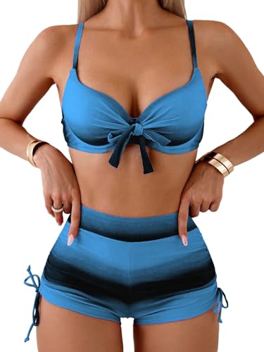 GORGLITTER Damen Bikini Set Push Up Bademode Bauchweg Badeanzug mit Badeshort Batikmuster Swimmsuits Spaghettiträger Strandmode mit Knoten Blau L GORGLITTER Damen Bikini Set Push Up Bademode Bauchweg Badeanzug mit Badeshort Batikmuster Swimmsuits Spaghettiträger Strandmode mit Knoten Blau L von GORGLITTER