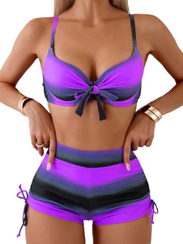 GORGLITTER Damen Bikini Set Push Up Bademode Bauchweg Badeanzug mit Badeshort Batikmuster Swimmsuits Spaghettiträger Strandmode mit Knoten Violett XL von GORGLITTER