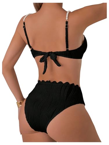 GORGLITTER Damen Bikini Set Push Up Bikini-Set Badeanzug mit Kunstperle Kette Bademode Zweiteiler Strandmode mit Muschel Sommer Swimsuit Set Schwarz XL von GORGLITTER