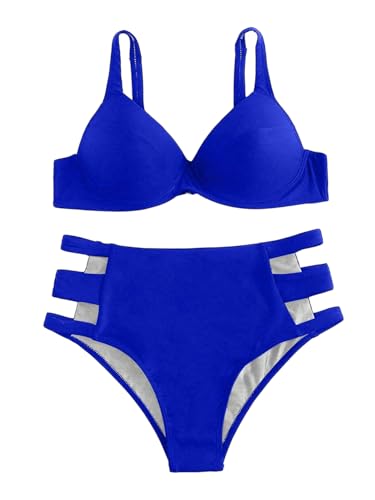 GORGLITTER Damen Bikini Set Push Up Bikini-Set mit Cut Out Badeanzug mit Bügel Zweiteiliger Hohc Taile Swimsuits Bademode Beachwear Königsblau L von GORGLITTER