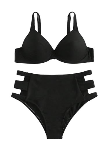 GORGLITTER Damen Bikini Set Push Up Bikini-Set mit Cut Out Badeanzug mit Bügel Zweiteiliger Hohc Taile Swimsuits Bademode Beachwear Schwarz XL von GORGLITTER
