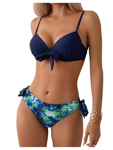 GORGLITTER Damen Bikini Set Push Up Bohmisch Bikini-Set Bauchweg Zweitiliger Badeanzug 3/4 Körbchen Sommer Swimsuits Bademode Dunkelblau S von GORGLITTER