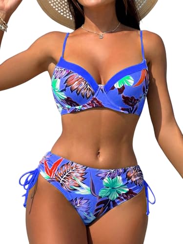 GORGLITTER Damen Bikini Set Push Up Sexy Bikini Set Mit Blumen Swimsuits Boho Zweiteiliger Badeanzug Hohe Taille Bikinis Tanga Strandanzug Bademode Blau L von GORGLITTER