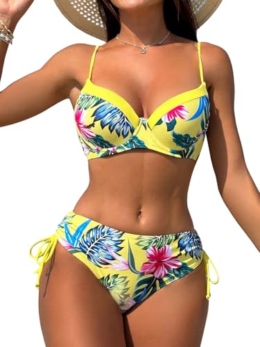 GORGLITTER Damen Bikini Set Push Up Sexy Bikini Set Mit Blumen Swimsuits Boho Zweiteiliger Badeanzug Hohe Taille Bikinis Tanga Strandanzug Bademode Gelb XL von GORGLITTER