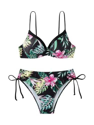 GORGLITTER Damen Bikini Set Push Up Sexy Bikini Set Mit Blumen Swimsuits Boho Zweiteiliger Badeanzug Hohe Taille Bikinis Tanga Strandanzug Bademode Schwarz M von GORGLITTER