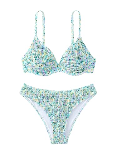 GORGLITTER Damen Bikini-Set Push Up Zweiteilige Badeanzug Boho Swimsuits Spaghettiträger Strandanzug Hohe Taille Bikini Set Bademode Grün L von GORGLITTER
