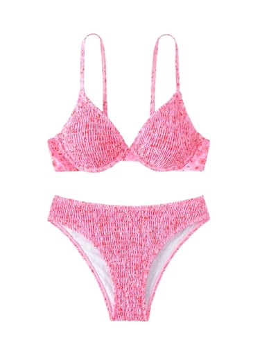 GORGLITTER Damen Bikini-Set Push Up Zweiteilige Badeanzug Boho Swimsuits Spaghettiträger Strandanzug Hohe Taille Bikini Set Bademode Rosa M von GORGLITTER