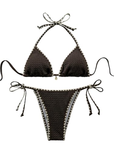 GORGLITTER Damen Bikini Set Sexy Triangel Bikinis Farbblock Neckholder Swimsuits Elegant Zweiteiliger Badeanzug Boho Strandanzug Strandmode Bademode Kaffeebraun XS von GORGLITTER