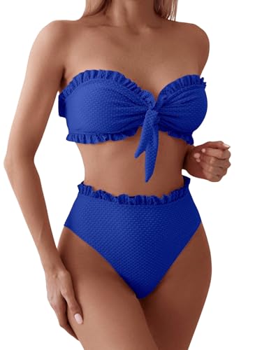 GORGLITTER Damen Bikini-Set Sommer Bandeau Bikini Set Ärmellos Badeanzug 2-teiler Swimsuit Hohe Taille Strandanzug Süß Bikinis Bademode Blau M von GORGLITTER