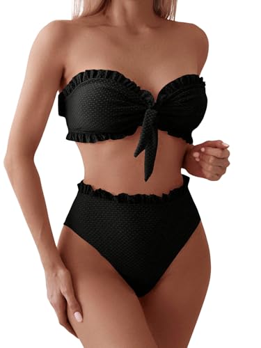 GORGLITTER Damen Bikini-Set Sommer Bandeau Bikini Set Ärmellos Badeanzug 2-teiler Swimsuit Hohe Taille Strandanzug Süß Bikinis Bademode Schwarz XL von GORGLITTER