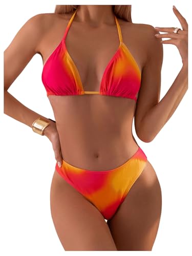 GORGLITTER Damen Bikini Set Sommer Batik Badeanzug Triangel Bikini-Set Neckholder Badeanzug Urlaub Strand Bademode Orange XL von GORGLITTER