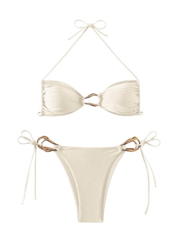 GORGLITTER Damen Bikini-Set Sommer Strand Neckholder Bikinis Zweiteiler Badeanzug mit Cut Outs Halter Bikinitop Hohe Taille Tanga Swimmsuit Bademode Aprikosenfarben L von GORGLITTER