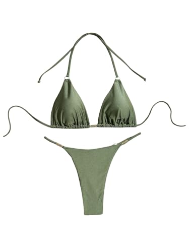 GORGLITTER Damen Bikini Set Sommer Triangle Badeanzug Neckholder Bikini-Set Brazilian Bademode Einfarbig Strandanzug Armeegrün M von GORGLITTER