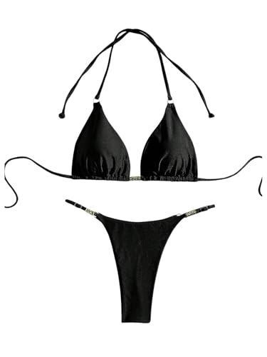 GORGLITTER Damen Bikini Set Sommer Triangle Badeanzug Neckholder Bikini-Set Brazilian Bademode Einfarbig Strandanzug Schwarz L von GORGLITTER
