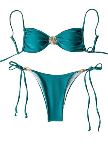 GORGLITTER Damen Bikini-Set Spaghettiträger Bikinis Zweiteiliger Badeanzug Boho Swimsuits mit Muschel Dekor Drop Waist Bikini Tangas Bademode Dunkelgrün XS GORGLITTER Damen Bikini-Set Spaghettiträger Bikinis Zweiteiliger Badeanzug Boho Swimsuits mit Muschel Dekor Drop Waist Bikini Tangas Bademode Dunkelgrün XS von GORGLITTER