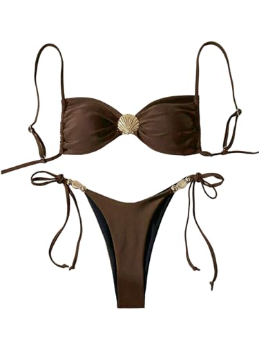 GORGLITTER Damen Bikini-Set Spaghettiträger Bikinis Zweiteiliger Badeanzug Boho Swimsuits mit Muschel Dekor Drop Waist Bikini Tangas Bademode Kaffeebraun S von GORGLITTER