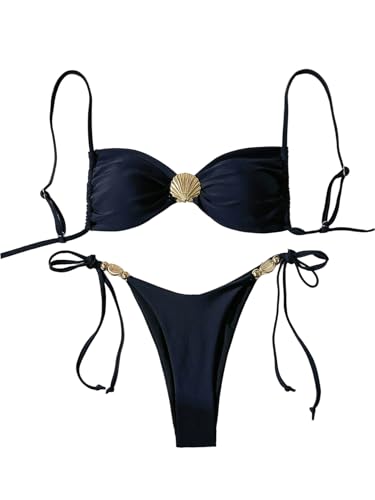 GORGLITTER Damen Bikini-Set Spaghettiträger Bikinis Zweiteiliger Badeanzug Boho Swimsuits mit Muschel Dekor Drop Waist Bikini Tangas Bademode Schwarz M GORGLITTER Damen Bikini-Set Spaghettiträger Bikinis Zweiteiliger Badeanzug Boho Swimsuits mit Muschel Dekor Drop Waist Bikini Tangas Bademode Schwarz M von GORGLITTER