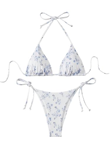GORGLITTER Damen Bikini-Set Süß Badeanzug Blümchenmuster Bikinis Neckholder Bikini Set Zweiteilige Triangle Swimsuits Hohe Taille Bademode Blau XS von GORGLITTER