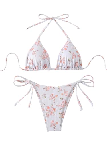 GORGLITTER Damen Bikini-Set Süß Badeanzug Blümchenmuster Bikinis Neckholder Bikini Set Zweiteilige Triangle Swimsuits Hohe Taille Bademode Orange Rosa M von GORGLITTER