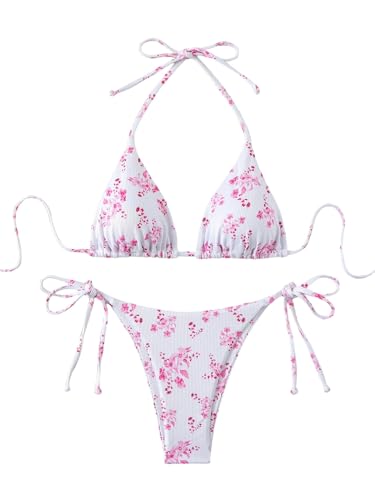 GORGLITTER Damen Bikini-Set Süß Badeanzug Blümchenmuster Bikinis Neckholder Bikini Set Zweiteilige Triangle Swimsuits Hohe Taille Bademode Rosa L von GORGLITTER