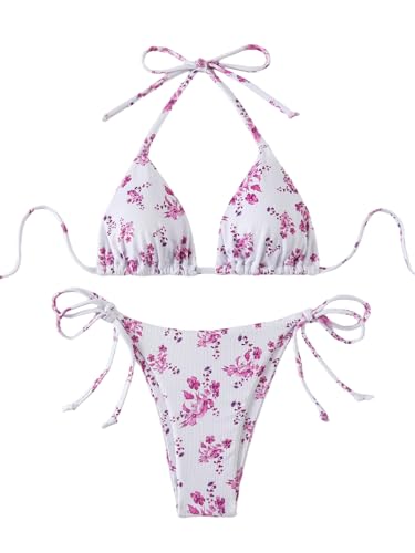 GORGLITTER Damen Bikini-Set Süß Badeanzug Blümchenmuster Bikinis Neckholder Bikini Set Zweiteilige Triangle Swimsuits Hohe Taille Bademode Violett S von GORGLITTER