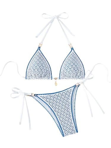 GORGLITTER Damen Bikini Set Triangel Bikinis Neckholder Swimsuit Zweiteiliger Badeanzug Hohe Taille Bikinislip Boho Schwimmanzug Strandmode Bademode Blau M von GORGLITTER