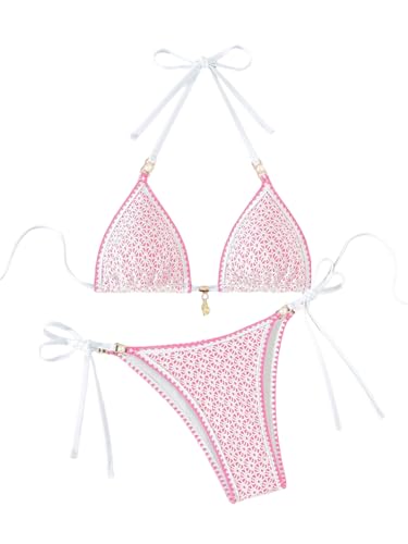 GORGLITTER Damen Bikini Set Triangel Bikinis Neckholder Swimsuit Zweiteiliger Badeanzug Hohe Taille Bikinislip Boho Schwimmanzug Strandmode Bademode Rosa M von GORGLITTER
