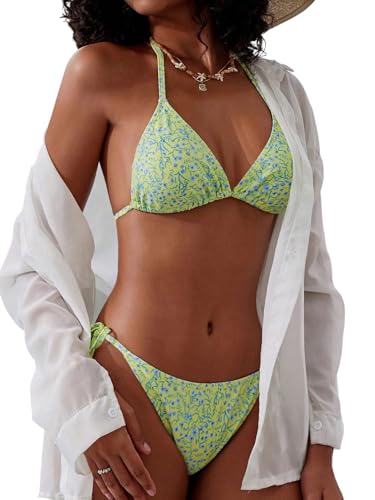 GORGLITTER Damen Bikini Set Triangel Zweilteiliger Bikini Sets Neckholder Bikinis Triangle Badeanzug Boho Hohe Taille Blumenmuster Swimmsuits Bademode Grün M von GORGLITTER