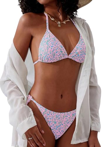 GORGLITTER Damen Bikini Set Triangel Zweilteiliger Bikini Sets Neckholder Bikinis Triangle Badeanzug Boho Hohe Taille Blumenmuster Swimmsuits Bademode Rosa XS von GORGLITTER